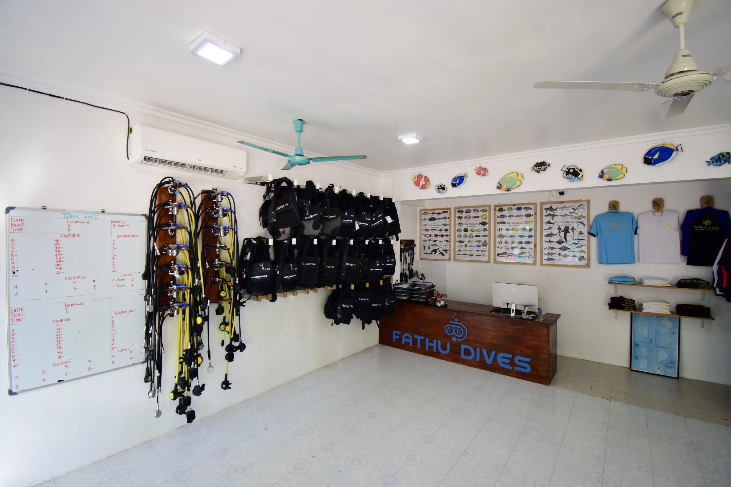 Dive equipment prepared inside the Fathu Dives centre.